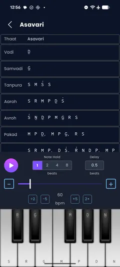 Raag Asavari practice screen with a highlighted harmonium keyboard