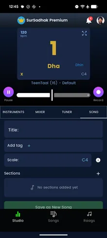 Song composition screen with sections, taal and tempo per section